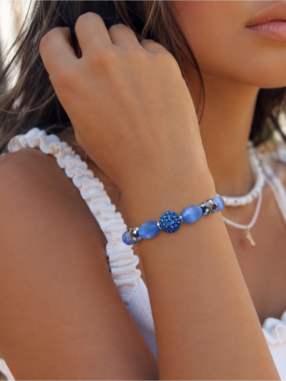 Blue Beaded Crystal Accent Bracelet - Women Jewelry by